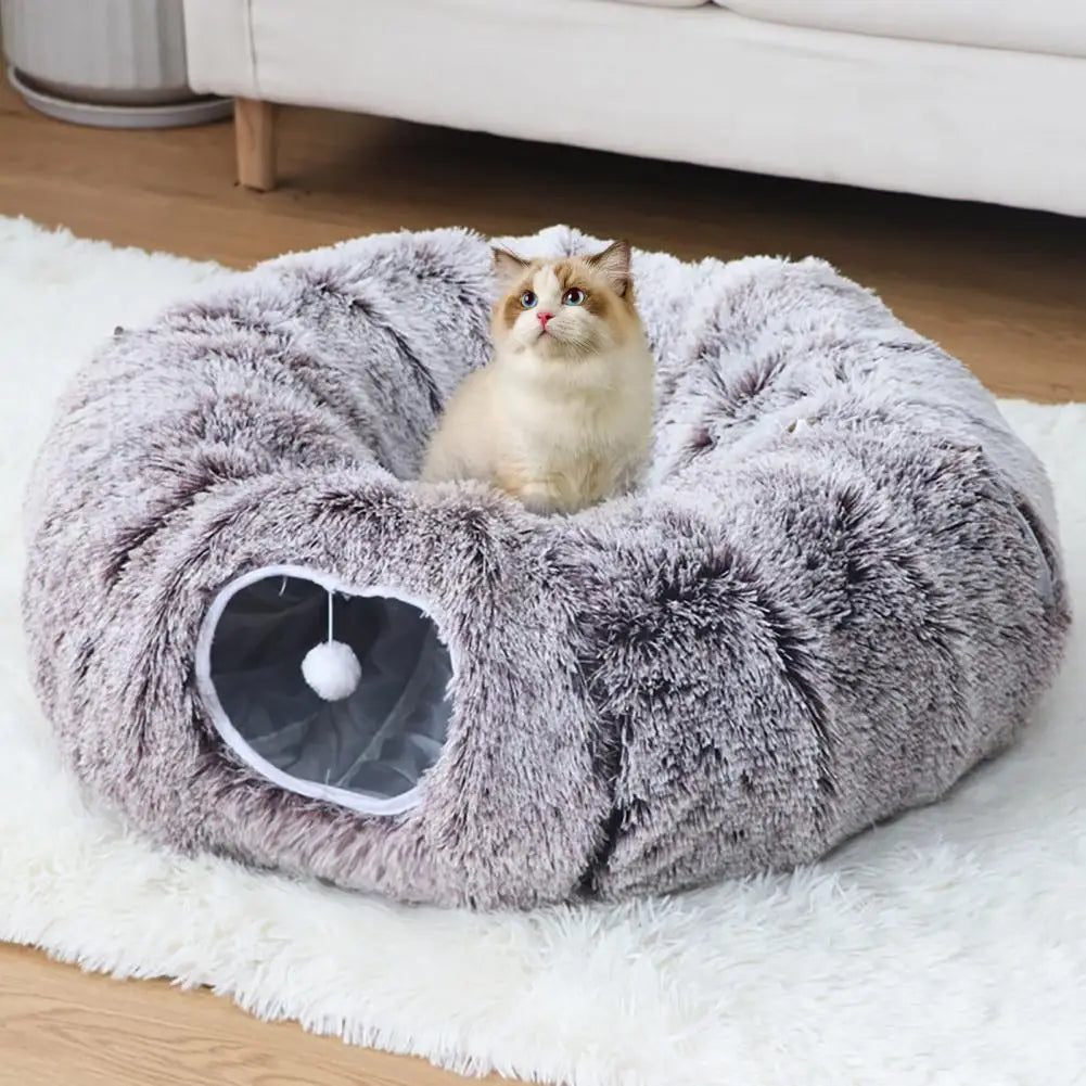 Washable Plush Cat Tunnel Bed - Donut Style