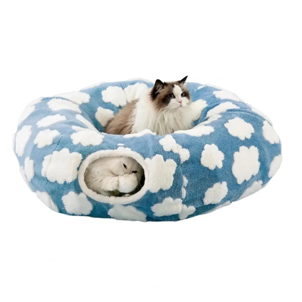 Washable Plush Cat Tunnel Bed - Donut Style