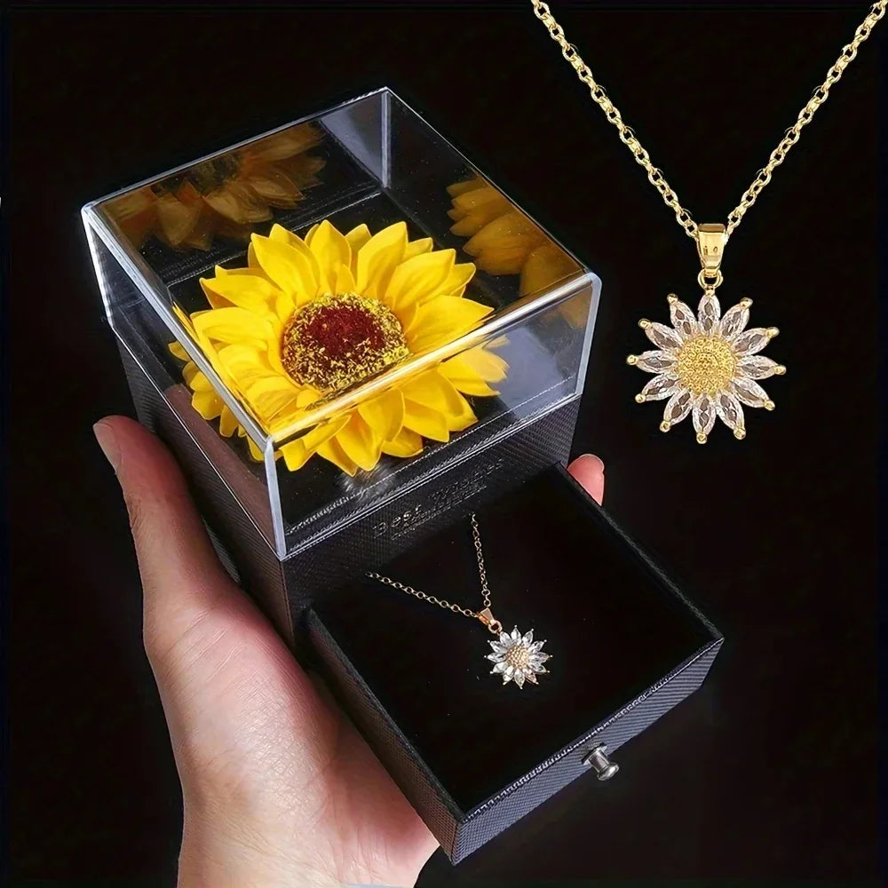 Sunflower Necklace Gift Box — Simulated Flower Gift for Girlfriend/Mom