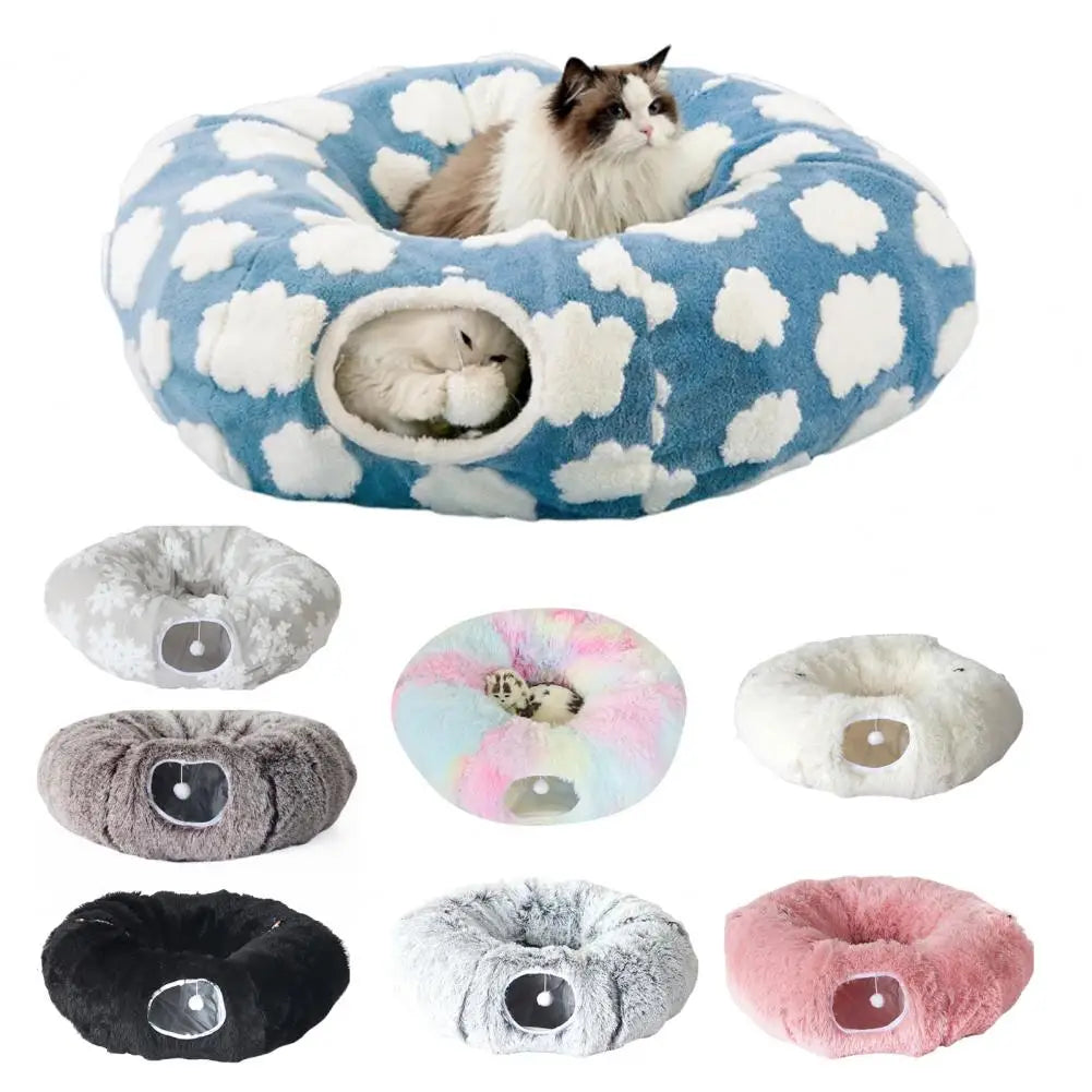 Washable Plush Cat Tunnel Bed - Donut Style