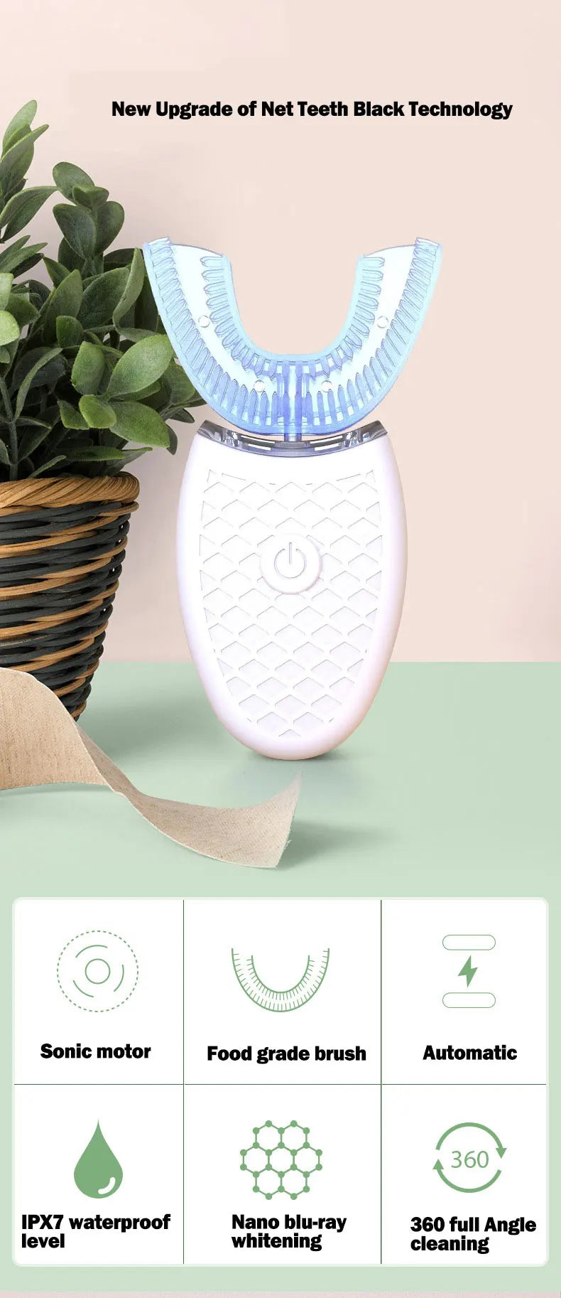 Sonic Electric U-Type Toothbrush (Silicone Head, 360°) — USB Rechargeable, Waterproof