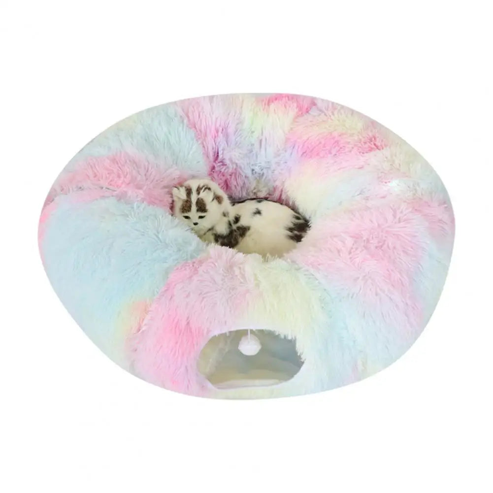 Washable Plush Cat Tunnel Bed - Donut Style