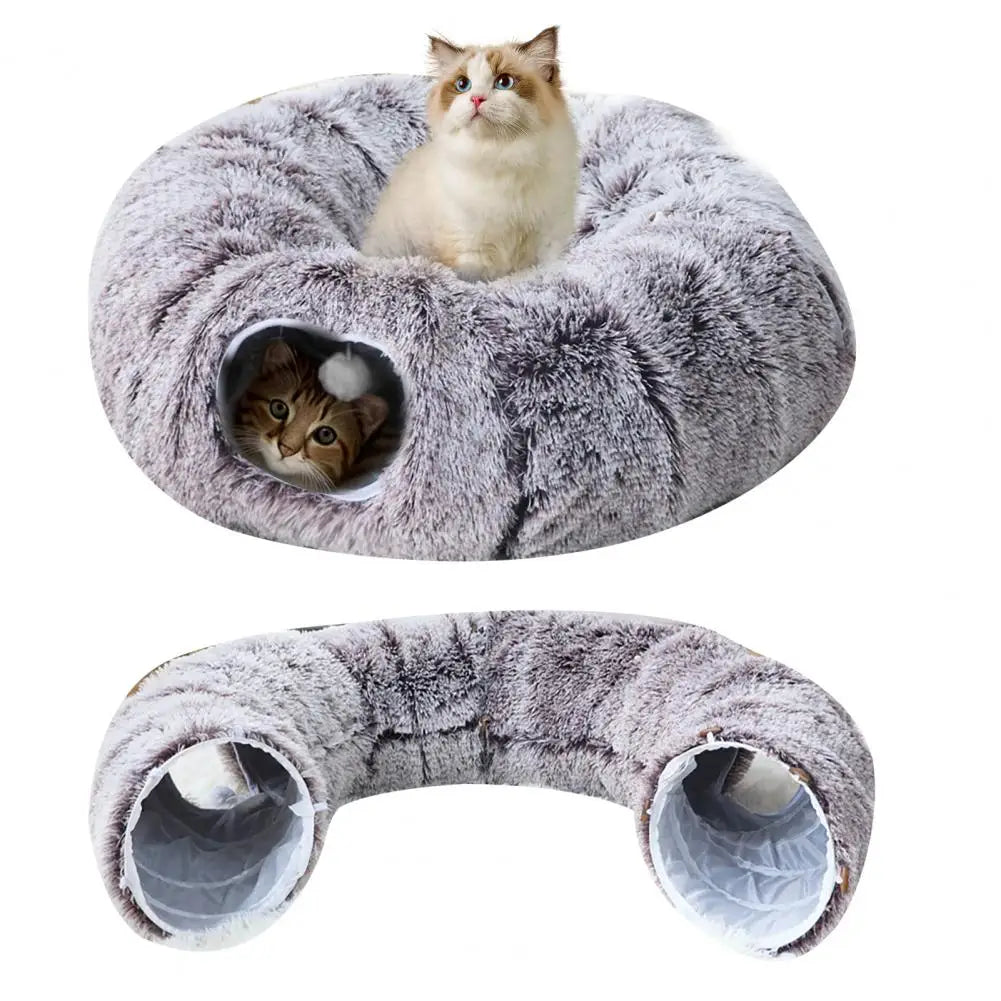 Washable Plush Cat Tunnel Bed - Donut Style